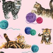 Tissu imprimé chats et pelotes de laine - Rose - 1,15 m