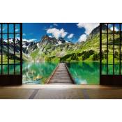 Affiche trompe oeil amarrage en lac de montagne - 60x40cm - made in France - Vert