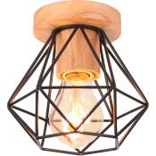 Axhup - Plafonnier Vintage Rétro E27 Lampe de Plafond Cage Diamant en Bois et Fer Noir