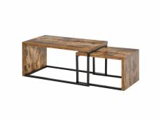 Lot de 2 tables basses gigognes design industriel encastrable dim. Grande table 90l x 48l x 42h cm métal noir aspect vieux bois