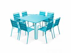 Palavas - table de jardin carrée et 8 fauteuils en métal bleu