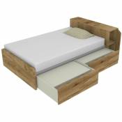 864CK - Lit simple 120x190 avec meuble de rangement en tête de lit et tiroirs coulissants - chêne - chêne