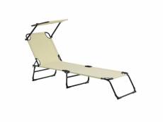 Bain de soleil transat chaise longue pliable avec pare-soleil acier pvc polyester 187 cm crème helloshop26 03_0000987