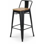 Kosmi - Tabouret de bar en métal noir mat style industriel avec dossier et assise en bois clair - Hauteur 66cm