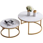 Lot de 2 Table basse ronde gigogne moderne - Cadre en métal, panneau à motif marbré - Grande table : 80 x 45 cm, Petite table : 60 x 33 cm - Or - Or