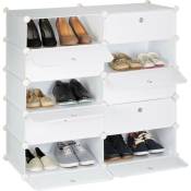 Meuble chaussures cubes rangement 10 casiers plastique chaussures modulable diy HxlxP: 90x94x37 cm, blanc - Relaxdays