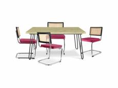 Pack table à manger design industriel 120cm & 4 chaises de salle à manger en rotin - tapisserie en velours - hyre fuchsia