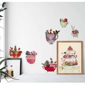 Stickers muraux Impression d'art Leffler Fleurs Tasse Mug Roses Cuisine floral Dream Cups Mur déco autocollant 30x19cm - multicolore