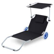 Chaise longue de jardin, Chaise de plage, Chaise longue pliable, jusqu'à 100 kg, avec 2 roues, oreiller 150x60x27cm-Noir - Noir - Swanew