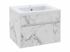 Meuble sous-vasque suspendu - vasque céramique incluse - tiroir coulissant - dim. 60l x 45l x 45h cm - aspect marbre blanc