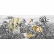 Poster géant horizontal animaux de la jungle en noir et blanc - lion, perroquet, éléphant 170 x 75 cm - Multicolor
