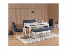 Set table extensible, 2 chaises, banc et banquette malva bois blanc et tissu bleu foncé