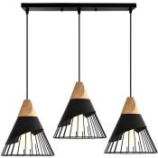 Wottes - Lustre suspension moderne créative réglable badminton bois massif décoration cuisine salon chambre long poteau 3 lumières Ø25cm noir - Noir