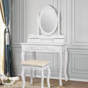 Coiffeuse Table de Maquillage Blanc avec Tabouret, Miroir et 4 Tiroirs, 75x139x40 cm, Table de Toilette en Bois mdf, Table de Cosmétique Style Maison