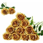 Linghhang - Lot de 12 Roses artificielles en Soie (doré) pour décoration d'intérieur, de fête de Mariage