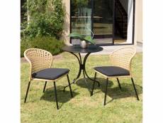 Malo - salon de jardin 2 pers. - table ronde 70x70cm et 2 chaises beiges et noires en rotin synthétique