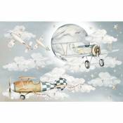 Sticker mural Avions - 70 x 115 cm - Bleu gris, blanc nuage