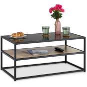 Table basse, 2 niveaux : un en verre et l'autre aspect bois, structure métallique, 42x90x49,5 cm, noir/marron - Relaxdays