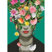 Tableau multicolore à fleurs pour salon | Tableau vert moderne tête de femme fleurie | Tableau sur toile original pour chambre adulte 0,5 x 0,7 m
