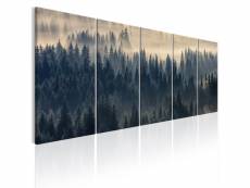 Tableau sur toile en 5 panneaux décoration murale image imprimée cadre en bois à suspendre sapin dans le brouillard 225x90 cm 11_0006431