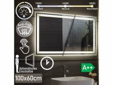 Aquamarin® miroir de salle de bain led - 100 x 60 cm, cee:a++, mural, éclairage blanc 3 en 1, tactile, anti-buée, horloge numérique, fonction mémoire