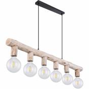 Lampe suspension bâton en bois suspension lampe de salle à manger lampe vintage en bois avec six douilles, métal, couleur naturelle noire, 6x E27,