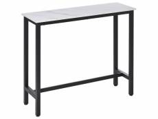 Table de bar - table haute de cuisine - dim. 120l x 40l x 100h cm - châssis piètement acier noir, plateau aspect marbre blanc