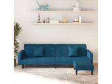 Canapé-lit pratique 2 places 2 oreillers et repose-pied bleu velours