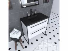 Meuble de salle de bain 80x50cm blanc - 2 tiroirs blanc - vasque resine noire effet pierre