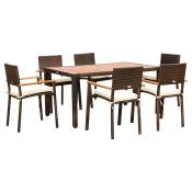 Outsunny Ensemble de table et 6 chaises de jardin en résine tressée avec coussins d'assise et plateau table en bois d'acacia - marron