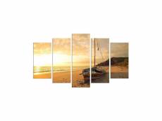 Pentaptyque grex motif paysage, bateau sur la plage et crépuscule