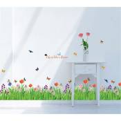 Stickers Muraux Fleurs Herbe Verte avec Papillons Autocollant Décoratifs pour Coin Décoration Murale Chambre Enfant Baseboard Salon - multicolour