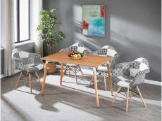 Table à manger effet chêne + 4 chaises à accoudoirs en tissu patchwork - noir & blanc - style scandinave