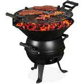 Barbecue tonneau, fonte de fer et acier, réglable hauteur, portable, charbon de bois, grillage d.35 cm,noir - Relaxdays
