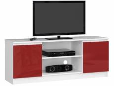 Meuble tv pour salon akord blanc 140 cm 2 portes façade rouge brillante 2 étagères 140x40x55 cm télévision meuble et support tv bas