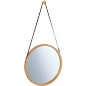 Miroir suspendu rond, sangle réglable, cadre bambou,
