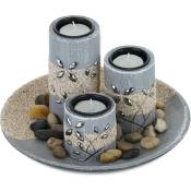 Relaxdays Bougeoirs lot, soucoupe décorative, bougies chauffe-plat et pierres, décoration de table, gris-sable