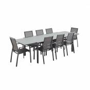 Sweeek - Salon de jardin table extensible - Washington - Table en aluminium 200/300cm. 8 fauteuils en textilène Gris foncé / Gris taupe - Gris foncé