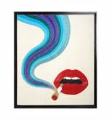 Toile Lips / Lin & perles brodées main - Encadrée - Jonathan Adler rouge en tissu
