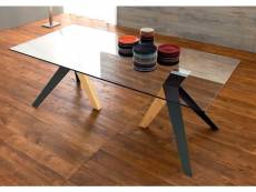 Trio table repas en verre, piétement en bois teinté naturel et noir 20100834126