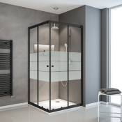 Accès d'angle droit avec portes de douche coulissantes, 75 x 90 - 75 x 90 cm x 180 cm, verre 4 mm, Sunny Schulte profilé noir, décor rayures