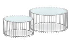Ensemble de 2 tables basses verre blanc et métal gris