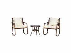 Ensemble de jardin 3 pièces style cosy 2 fauteuils à bascule avec coussins assise dossier + table basse résine tressée brun crème