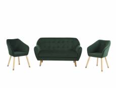Ensemble hilda en velours vert avec piètement bois et doré 1 canapé et 2 fauteuils