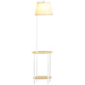 HOMCOM Lampe sur pied lampadaire salon avec abat-jour en tissu 2 étagères rondes en bois interrupteur au pied hauteur 162 cm blanc