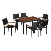 Les Tendances - Table rectangulaire et 6 chaises de jardin acacia foncé et résine tressée noir Fly