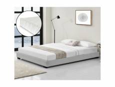 Lit moderne avec matelas cadre de lit lit adulte mdf rembourré avec similicuir plaque de bois plastique polyester blanc 214 x 186 x 20,5cm corium