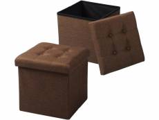 Lot de 2 tabouret pouf coffre de rangement pliable en lin-37.5x37.5x38cm brun