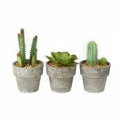 Lot de 3 cactus miniatures artificiels en pots gris avec galets