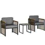 Outsunny Ensemble de meubles de jardin 3 pièces avec 2 fauteuils + 1 table basse carrée coussins inclus